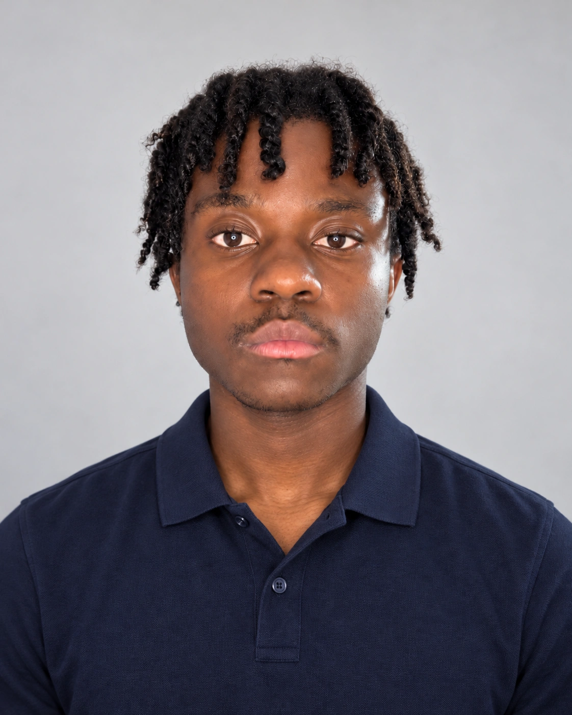 Tokam Darius, polo bleu marine et regard face à l'objectif