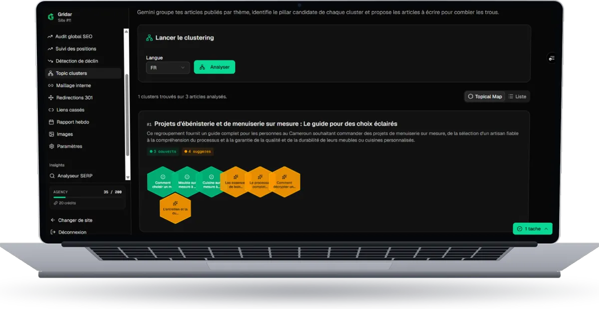 Gridar, autre écran de l'application, sur ordinateur portable