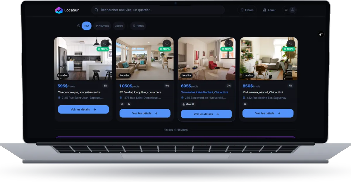 LocaSur, autre écran de l'application, sur ordinateur portable
