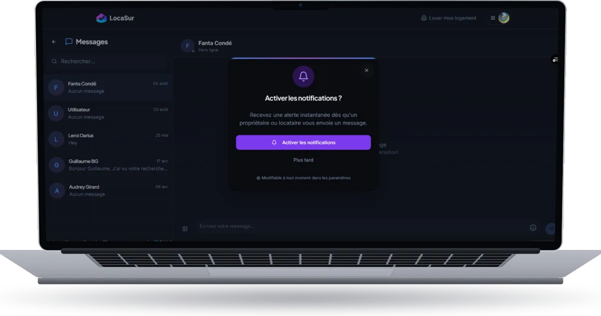 LocaSur, autre écran de l'application, sur ordinateur portable