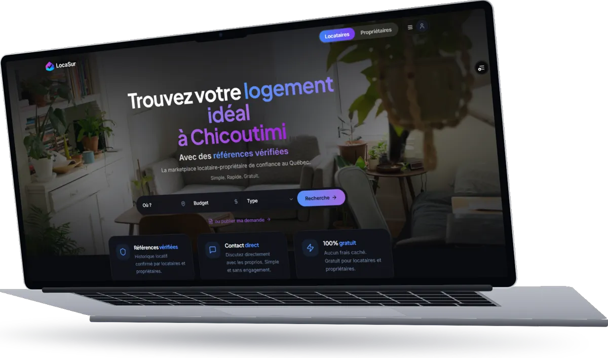 LocaSur, page d'accueil, ordinateur portable vu de trois-quarts gauche